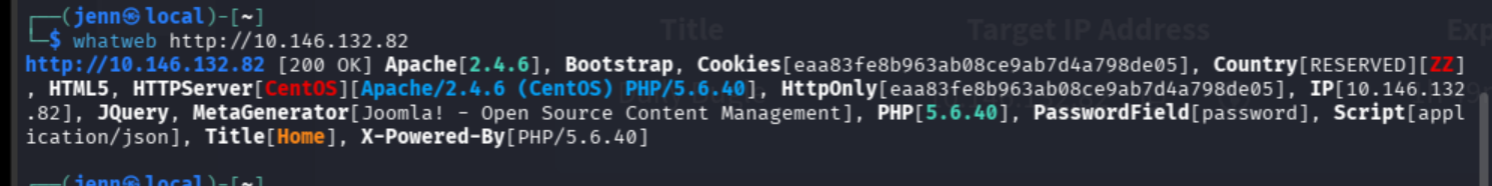 whatweb confirming Joomla, Apache, PHP version, and JQuery